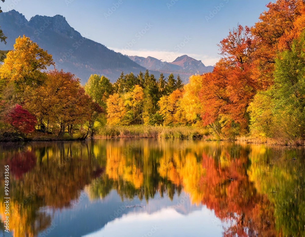 Colorful Autumn Foliage Reflecting in Still Lake, Creating a Picture-Perfect Scene Colorful Autumn Foliage Reflecting in Still Lake, Creating a Picture-Perfect Scene