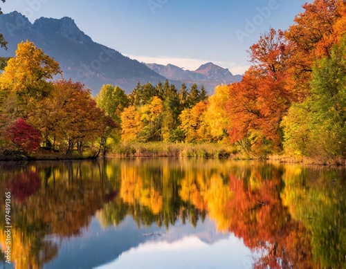 Colorful Autumn Foliage Reflecting in Still Lake, Creating a Picture-Perfect Scene