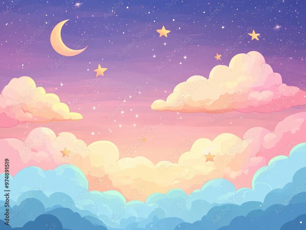 Pastel colored sky backdrop featuring clouds and stars Enchanting soft hued landscape illustration 2D cartoon gradient design Pastel colored sky backdrop featuring clouds and stars Enchanting soft hued landscape illustration 2D cartoon gradient design