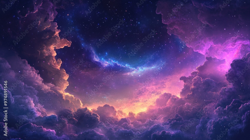 Fantasy galaxy scene featuring a dark night sky filled with clouds nebulae and stars A vibrant universe showcases a beautiful Milky Way and a colorful cosmic horizon Fantasy galaxy scene featuring a dark night sky filled with clouds nebulae and stars A vibrant universe showcases a beautiful Milky Way and a colorful cosmic horizon