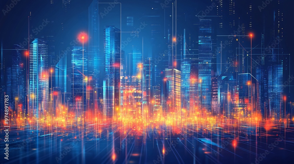 A futuristic cityscape with glowing lights and digital lines, representing the interconnectedness of technology and urban life.