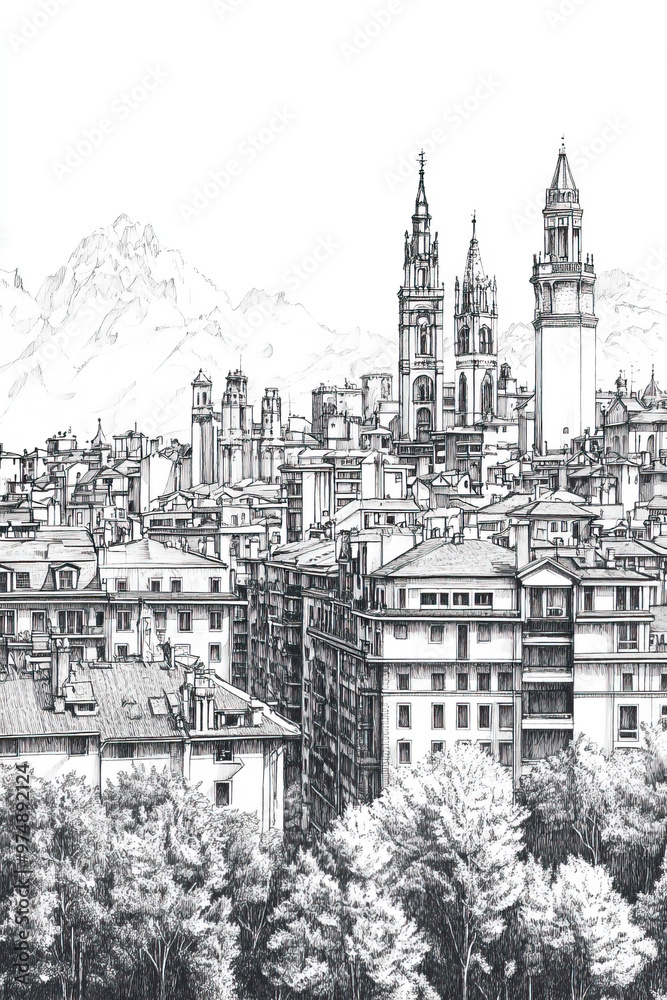 Fototapeta premium Trento, Italy, black and white pen pencil hand-drawn effect portrait drawing illustration for travel poster, card, wallpaper, backdrop or banner. Modern, clear, artistic and simple