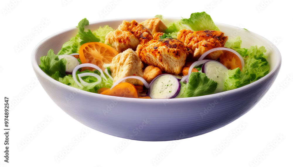 Fresh Salad with Chicken Tikka Boti and Vegetables on White Background Fresh Salad with Chicken Tikka Boti and Vegetables on White Background