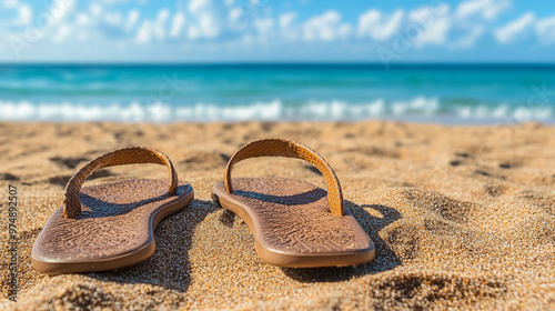 flip-flops resting on a sandy, blurred beach with turquoise water in the background. The scene evokes relaxation, carefree summer days, and a peaceful escape from daily routines