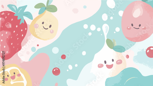 A lively fruit-themed background featuring smiley lemons and strawberries in soft colors, ideal for cheerful and playful designs.