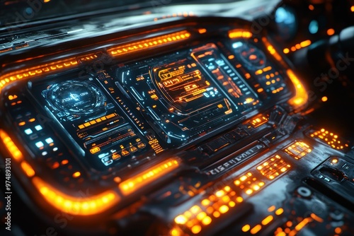 Futuristic Cockpit with Glowing Orange and Blue Interface