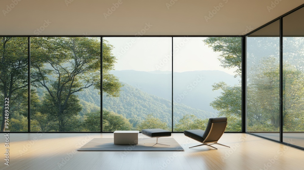 Fototapeta premium Minimalist modern home with floor-to-ceiling windows overlooking nature