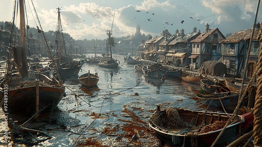 Medieval Fishing Village Harbor - Boats, Houses, and Calm Waters Medieval Fishing Village Harbor - Boats, Houses, and Calm Waters