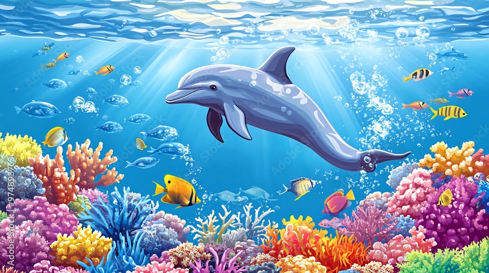 Fototapeta premium A dolphin swims through a vibrant coral reef with colorful fish and a sunbeam shining through the water.