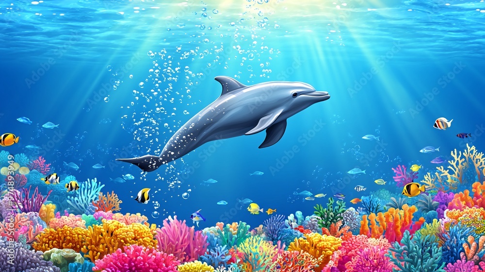 Fototapeta premium A dolphin leaps through the water above a colorful coral reef with bright sunlight streaming down.