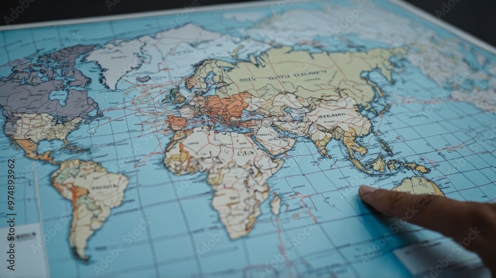 Close-Up of Finger Pointing at World Map Highlighting Geographic Exploration and Navigation Close-Up of Finger Pointing at World Map Highlighting Geographic Exploration and Navigation