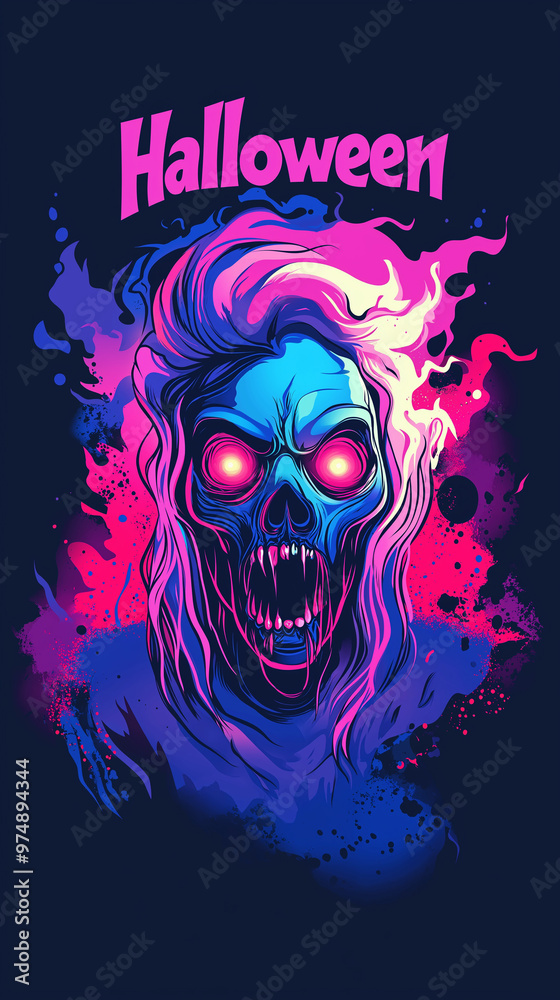 Retro Wave Style Illustration of a Burning Skull with Halloween Text for a T-Shirt Design on Dark Background