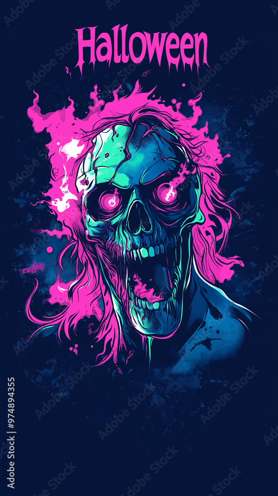 Retro Wave Style Illustration of a Burning Skull with Halloween Text for a T-Shirt Design on Dark Background Retro Wave Style Illustration of a Burning Skull with Halloween Text for a T-Shirt Design on Dark Background