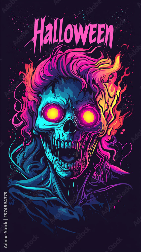 Retro Wave Style Illustration of a Burning Skull with Halloween Text for a T-Shirt Design on Dark Background Retro Wave Style Illustration of a Burning Skull with Halloween Text for a T-Shirt Design on Dark Background
