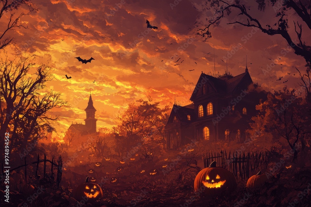 Glowing Pumpkins in Front of a Haunted Mansion.. Glowing Pumpkins in Front of a Haunted Mansion..
