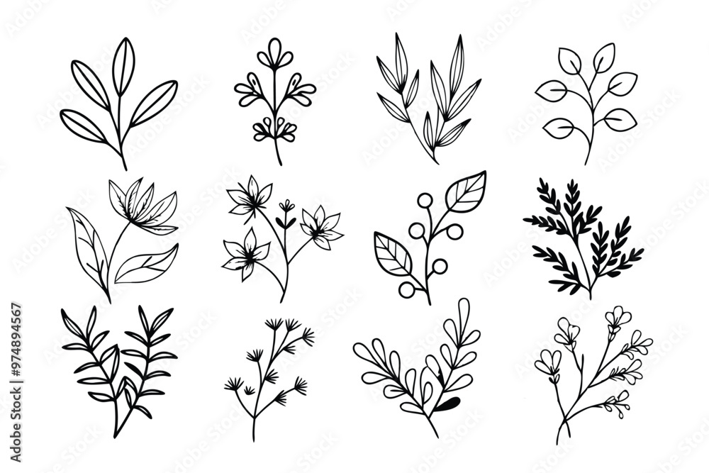 A set of wildflowers Floral branches and minimalist leaves for logos or tattoos. Hand-drawn line wedding herb, elegant wildflowers. Minimal line art drawing for print, cover, or wallpaper A set of wildflowers Floral branches and minimalist leaves for logos or tattoos. Hand-drawn line wedding herb, elegant wildflowers. Minimal line art drawing for print, cover, or wallpaper