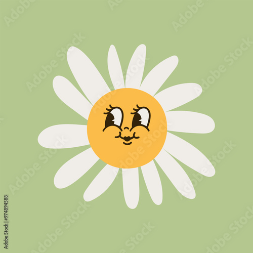 Collection of magnificent chamomile flowers. Retro daisy smiles in cartoon style. Set of happy 70s stickers. Vector graphic illustration in hippe style.