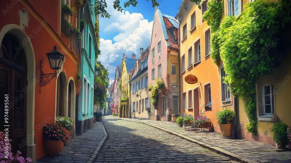 Fototapeta premium Old European street with colorful buildings and cobblestone roads 