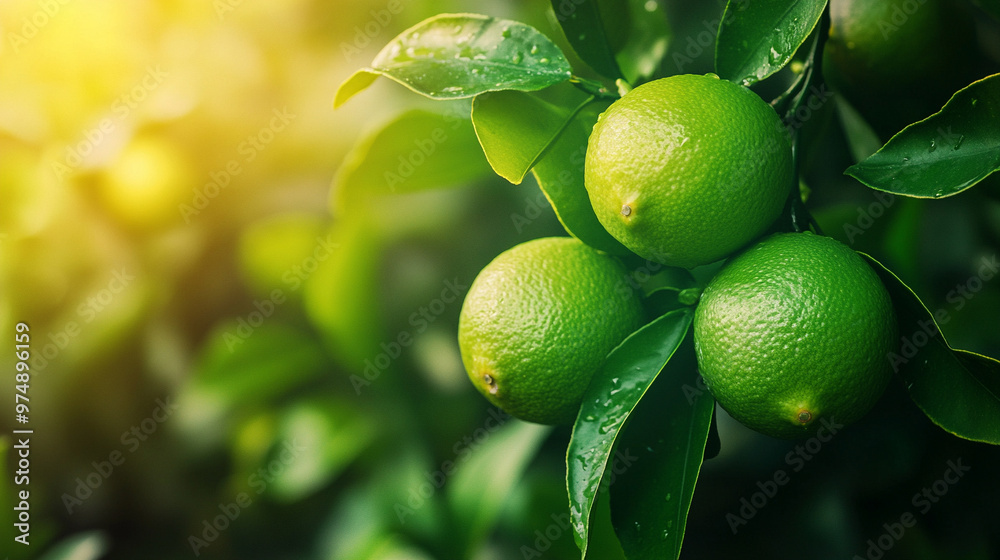 green lemons and limes growing on a tree in a lush, organic garden, symbolizing freshness, vitality, and the promise of natural harvest