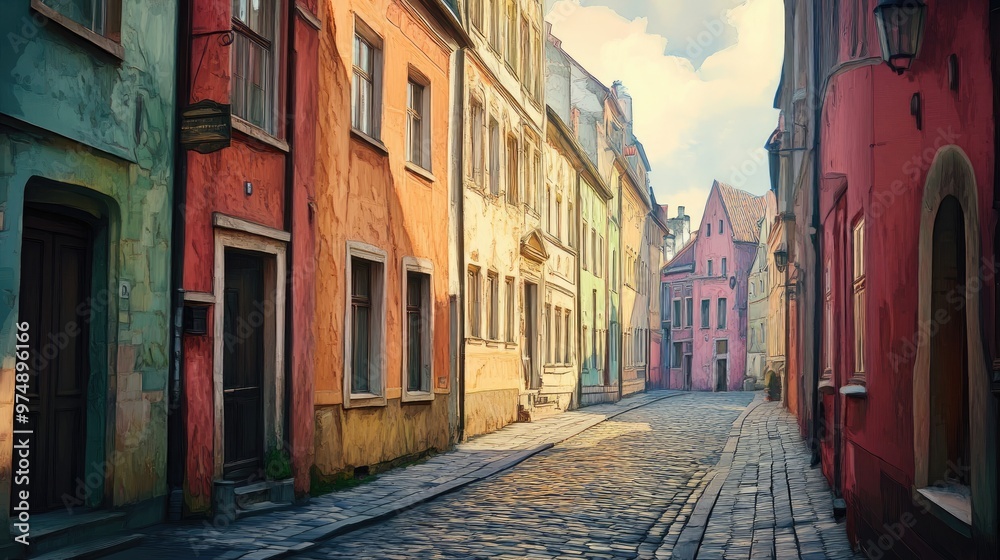 Old European street with colorful buildings and cobblestone roads Old European street with colorful buildings and cobblestone roads