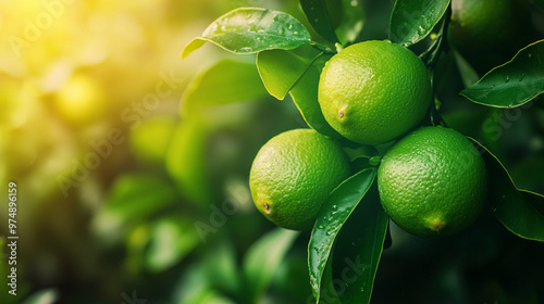 green lemons and limes growing on a tree in a lush, organic garden, symbolizing freshness, vitality, and the promise of natural harvest