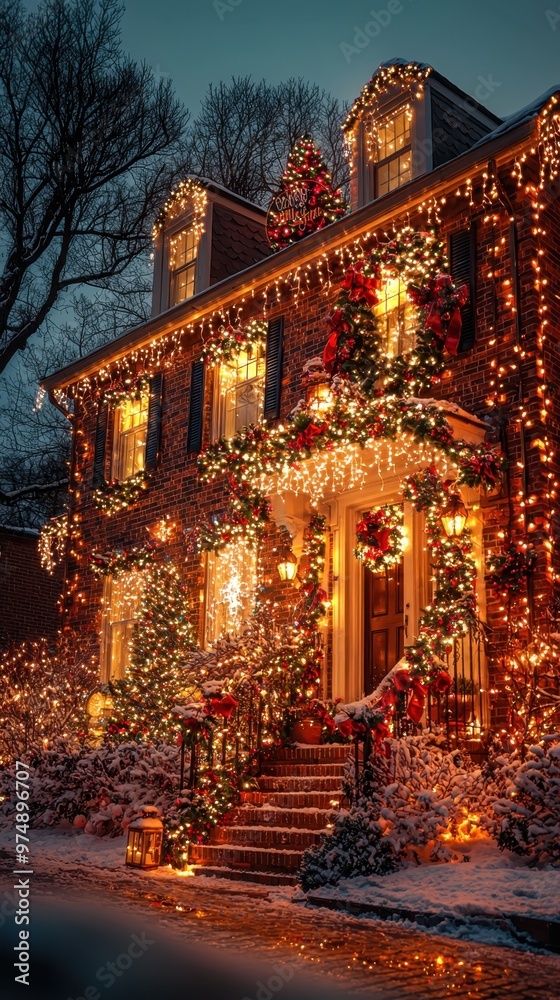 Fototapeta premium A house adorned with Christmas lights and festive decorations, celebrating the holiday season.......