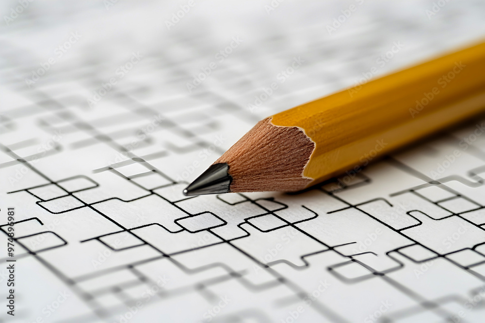 A close-up of a yellow pencil resting on a grid-style puzzle on a wooden table A close-up of a yellow pencil resting on a grid-style puzzle on a wooden table