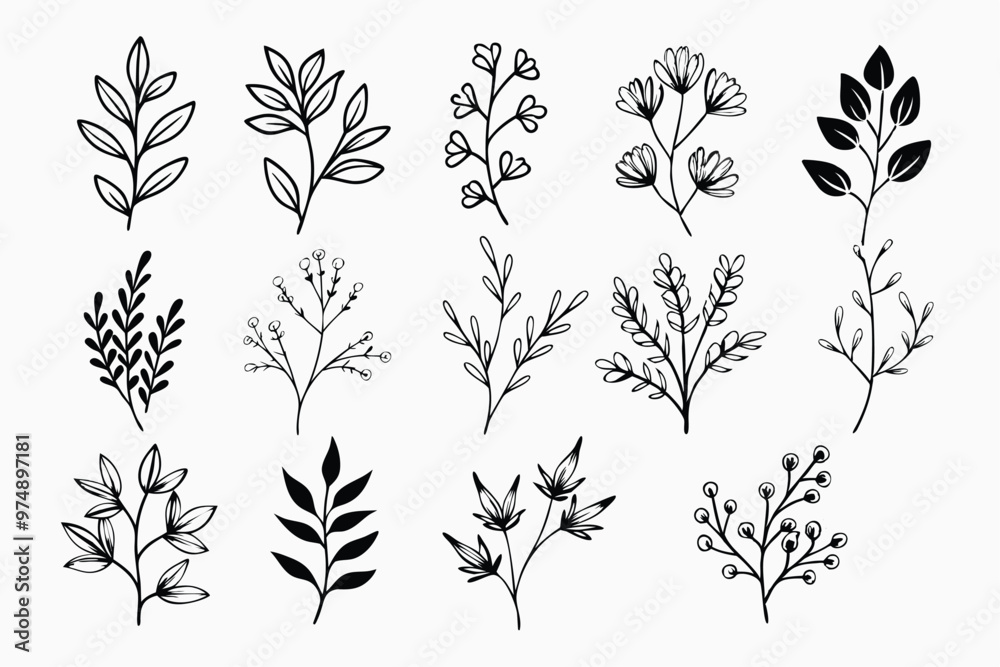 A set of wildflowers Floral branches and minimalist leaves for logos or tattoos. Hand-drawn line wedding herb, elegant wildflowers. Minimal line art drawing for print, cover, or wallpaper A set of wildflowers Floral branches and minimalist leaves for logos or tattoos. Hand-drawn line wedding herb, elegant wildflowers. Minimal line art drawing for print, cover, or wallpaper