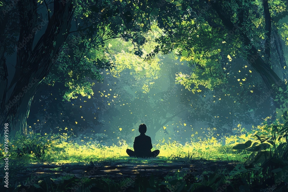 A peaceful forest scene with someone sitting quietly amidst nature, with smartphones and tech gadgets intentionally set aside, highlighting a sense of disconnection........ A peaceful forest scene with someone sitting quietly amidst nature, with smartphones and tech gadgets intentionally set aside, highlighting a sense of disconnection........