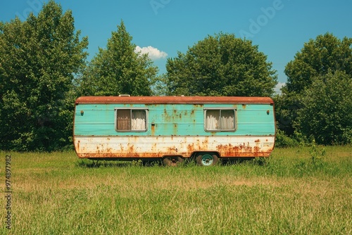 An aged trailer on an American trailer park, with rusted sides, faded paint, and a worn-out look, surrounded by overgrown grass