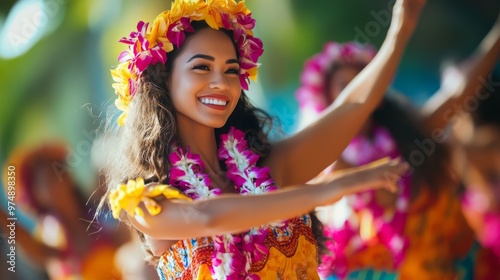 Traditional Hawaiian dance performance with dancers in vibrant costumes and leis