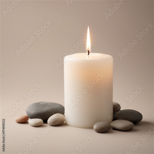 Lit White Pillar Candle with Smooth Zen Stones on Minimalist Beige Background 