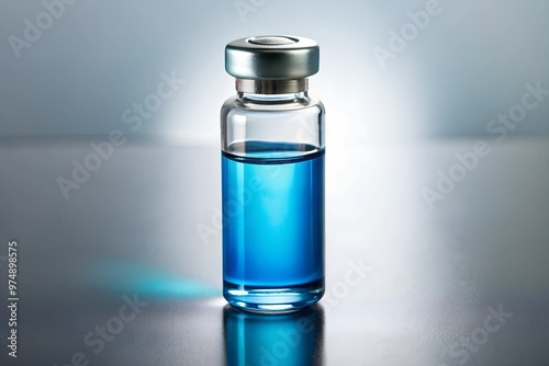 A clear glass vial filled with blue liquid with a metal cap, sitting on a reflective surface against a soft gradient background.