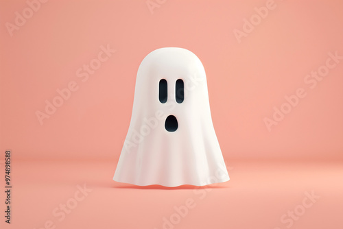 Cute white ghost on pastel pink background, Halloween 3D background