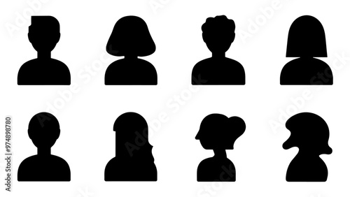 Male and female head silhouettes avatar set. Vector illustration black person portrait head. Anonymous face profile and group icon isolated on white background