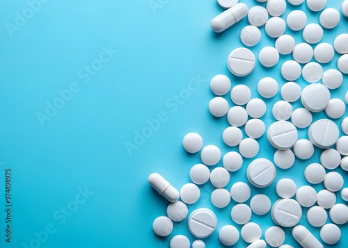 A top-down view of white medicine tablets scattered on a blue background. Represents pharmaceutical drugs, antibiotics, or medical supplements.