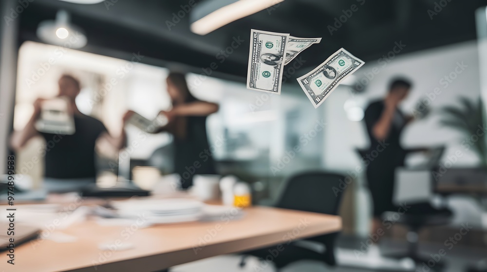Blurry office workers with money flying in the air. Blurry office workers with money flying in the air.
