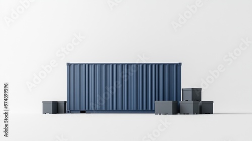 Blue Shipping Container With Dark Grey Boxes On White Ground 3D Illustration On Pure White Background photo