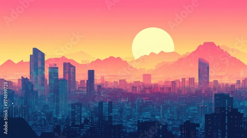 Retro Wave Cyberpunk Cityscape With Mountains Vintage Abstract Digital Landscape Featuring Horizon Ai Generated