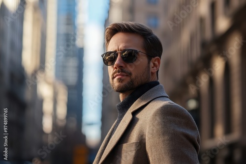 A businessman in the city, wearing sunglasses, stands confidently while gazing off into the distance, away from the camera........