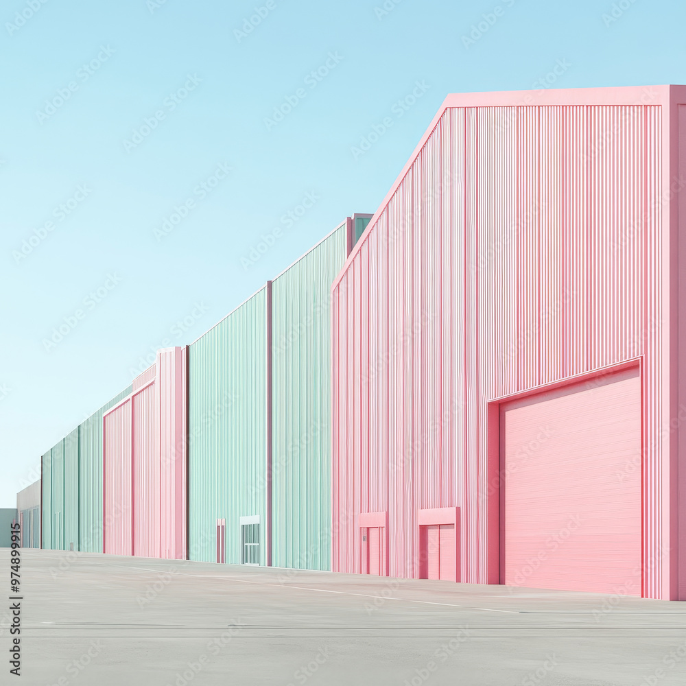 A soft pastel colored warehouse features simple, clean structure with modern design. vibrant hues of pink and green create serene and inviting atmosphere A soft pastel colored warehouse features simple, clean structure with modern design. vibrant hues of pink and green create serene and inviting atmosphere