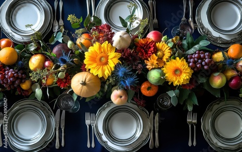 An elegant Thanksgiving table with a navy blue runner, silver cutlery, and a vibrant floral centerpiece featuring seasonal fruits photo
