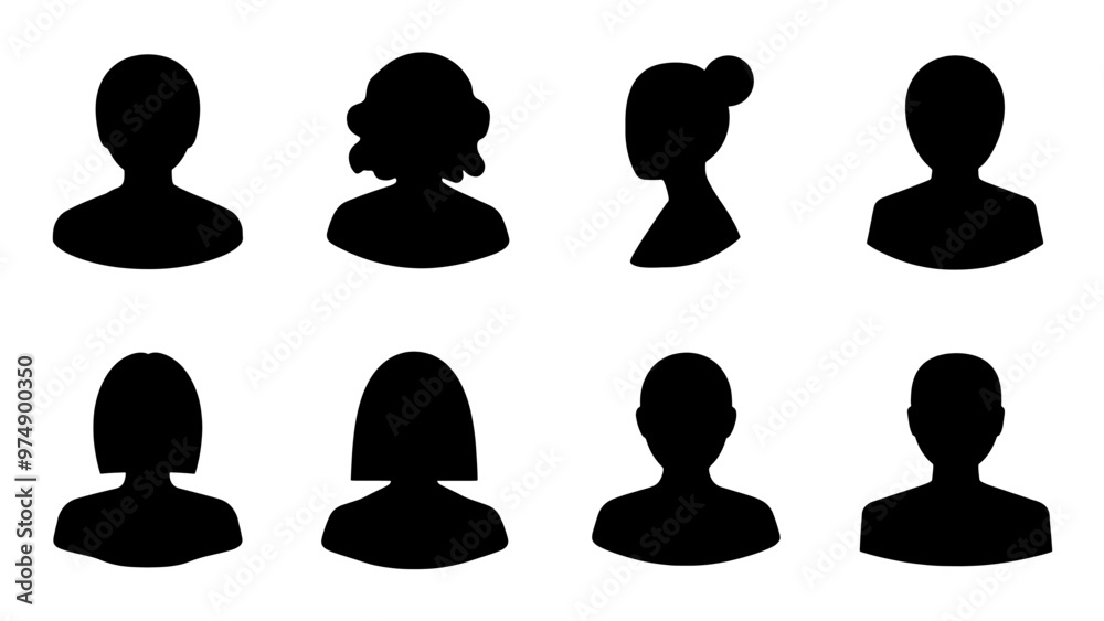 Male and female head silhouettes avatar set. Vector illustration black person portrait head. Anonymous face profile and group icon isolated on white background Male and female head silhouettes avatar set. Vector illustration black person portrait head. Anonymous face profile and group icon isolated on white background