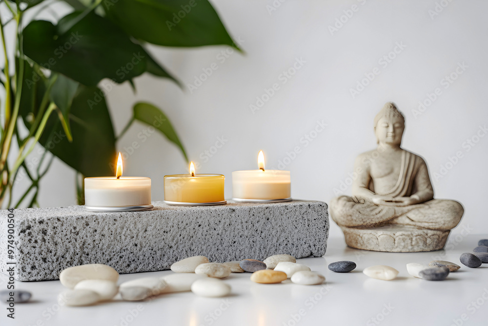 Tranquil meditation space with candles and stones beside a serene Buddha figure Tranquil meditation space with candles and stones beside a serene Buddha figure