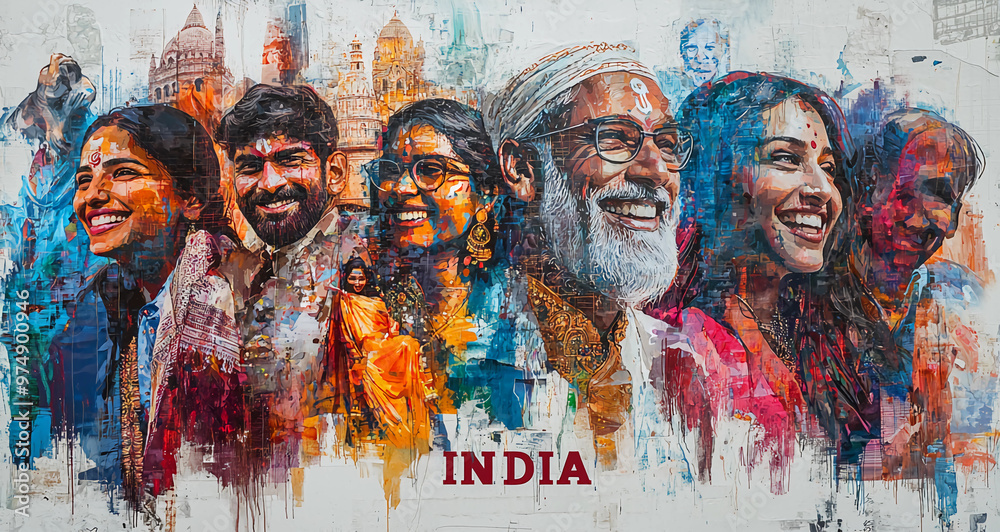 Graffiti image of Indian people in front of Indian Architecture with Graffiti image of Indian people in front of Indian Architecture with