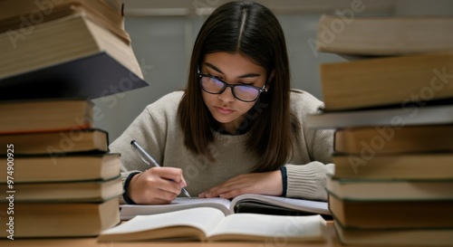 Young woman studying with books and writing in a notebook