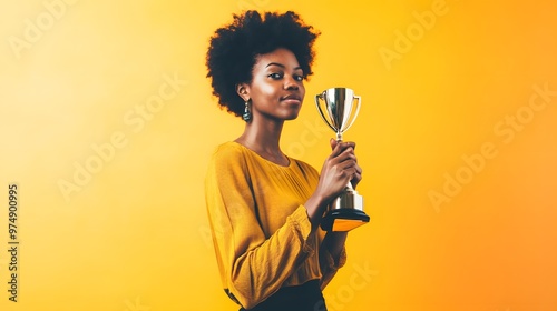 A young Black woman holds a trophy, smiling, against a bright yellow background. photo