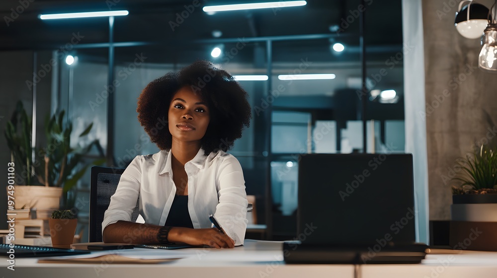 A young Black woman sits at a desk in an office setting, looking thoughtfully ahead. A young Black woman sits at a desk in an office setting, looking thoughtfully ahead.