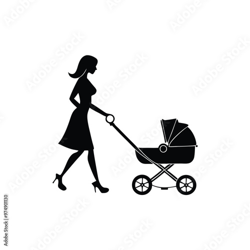 a woman walking with her baby wheel car, vector silhouette illustration, isolated white background, 