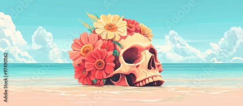 Human Skull Adorned With Vibrant Flowers On The Beach Surreal Art